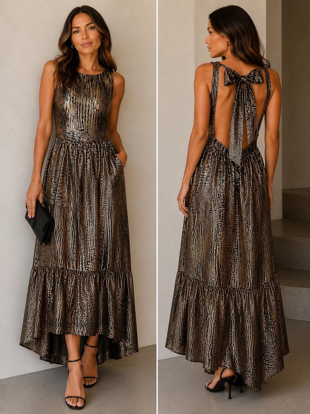 Tuckernuck Striped Sleeveless Backless Evening Maxi Dress Gold Black Womens XL